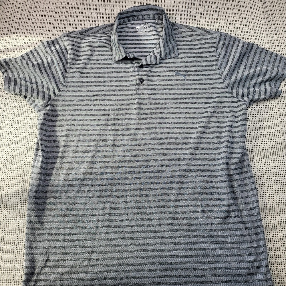 Puma Polo Shirt Mens XL Gray Striped Performance Golf Short Sleeve Casual Knit